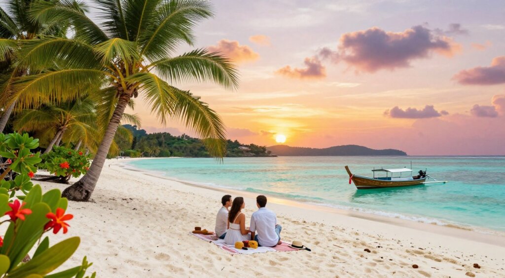 A serene scene of Gili Meno showcasing its pristine nature and romantic activities. In the foreground, a couple enjoys a picnic on a soft, white sandy beach, surrounded by lush green palm trees and vibrant tropical flowers. They are dressed in light, casual clothing, radiating warmth and intimacy. In the middle ground, a crystal-clear turquoise lagoon gently laps at the shore, with a traditional wooden boat anchored nearby, hinting at exploration. The background features a stunning sunset casting golden and pink hues across a sky filled with soft clouds, while silhouettes of distant hills provide depth. The overall mood is tranquil and romantic, evoking the essence of a hidden gem. The lighting is soft and warm, reminiscent of twilight, captured with a wide-angle lens for a dynamic perspective.