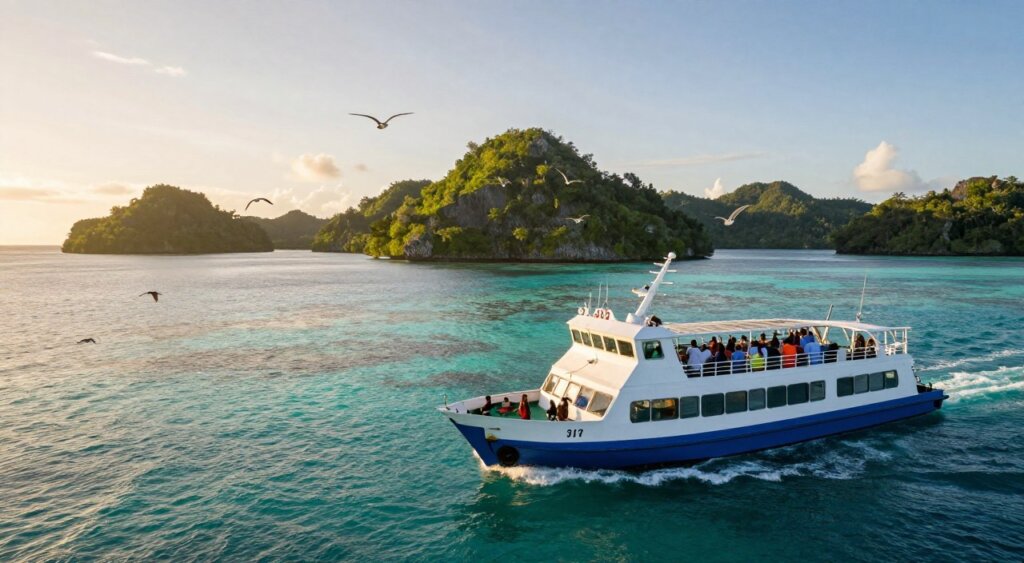 A serene scene of a ferry navigating through the turquoise waters of Raja Ampat, with lush green islands in the distance. In the foreground, capture the ferry’s sleek hull cutting through gentle waves, showcasing passengers enjoying the journey, dressed in modest casual clothing. The middle ground features vibrant coral reefs visible beneath the crystal-clear water, while various seabirds soar overhead. In the background, the sun sets, casting a warm golden glow over the landscape, enhancing the tranquil atmosphere of this travel experience. Utilize natural lighting to highlight the richness of colors, with a slightly elevated angle to provide a dynamic perspective of the ferry and its surroundings. Aim for a National Geographic photojournalism style, focusing on realism and captivating scenery.