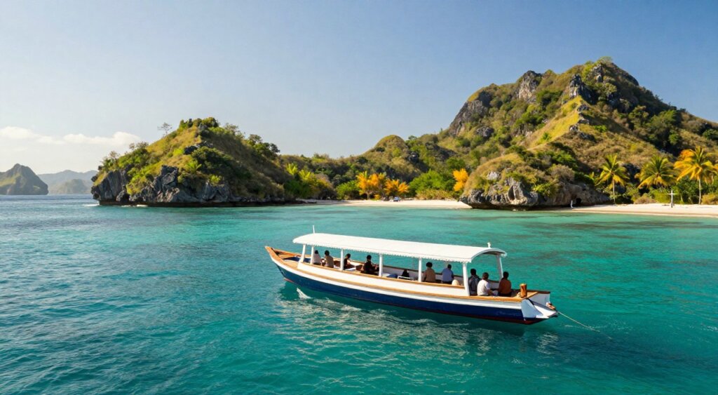 A serene scene of a private boat charter navigating through the turquoise waters between Lombok and Komodo Island. In the foreground, the boat is elegantly designed with a wooden deck, showing tourists in casual, modest attire enjoying the ride while taking in the scenic views. The middle ground features lush green islands dotted with rocky cliffs and vibrant tropical vegetation under a clear blue sky. In the background, distant silhouettes of Komodo Island can be seen, creating a sense of adventure and exploration. The warm sunlight bathes the scene, emphasizing the sparkling water and enhancing the overall tranquil and inviting atmosphere, captured in a wide-angle lens for an immersive experience, reminiscent of National Geographic photojournalism. The scene conveys excitement and beauty, ideal for travelers planning their journey. A serene scene of a private boat charter navigating through the turquoise waters between Lombok and Komodo Island. In the foreground, the boat is elegantly designed with a wooden deck, showing tourists in casual, modest attire enjoying the ride while taking in the scenic views. The middle ground features lush green islands dotted with rocky cliffs and vibrant tropical vegetation under a clear blue sky. In the background, distant silhouettes of Komodo Island can be seen, creating a sense of adventure and exploration. The warm sunlight bathes the scene, emphasizing the sparkling water and enhancing the overall tranquil and inviting atmosphere, captured in a wide-angle lens for an immersive experience, reminiscent of National Geographic photojournalism. The scene conveys excitement and beauty, ideal for travelers planning their journey.