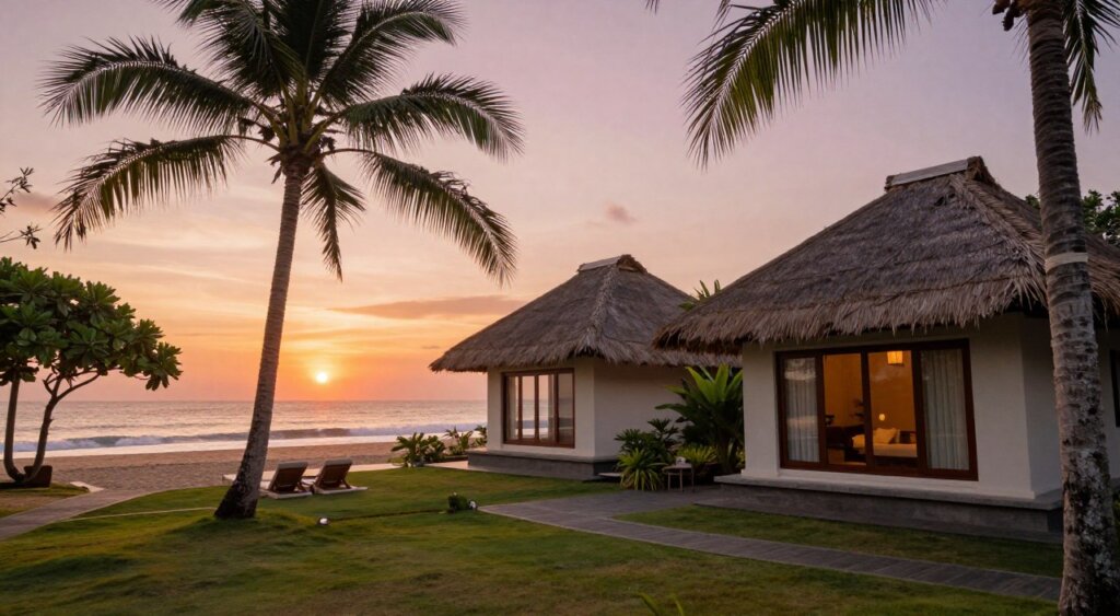 A serene scene of beachfront villas in Sanur, Bali, set against a vibrant sunset. In the foreground, palm trees sway gently, framing elegant villas with thatched roofs and large windows that reflect the soft orange and pink hues of the sky. The middle ground features a tranquil beach with golden sand gently lapping waves, inviting visitors to relax. In the background, the sun begins to dip below the horizon, casting a warm glow over the ocean and creating a peaceful atmosphere. The lighting is warm and golden, reminiscent of a tranquil evening, while the lens perspective captures the villas' architecture harmoniously integrated with nature. Aim for a professional, photojournalism-style aesthetic, emphasizing natural beauty and inviting serenity. A serene scene of beachfront villas in Sanur, Bali, set against a vibrant sunset. In the foreground, palm trees sway gently, framing elegant villas with thatched roofs and large windows that reflect the soft orange and pink hues of the sky. The middle ground features a tranquil beach with golden sand gently lapping waves, inviting visitors to relax. In the background, the sun begins to dip below the horizon, casting a warm glow over the ocean and creating a peaceful atmosphere. The lighting is warm and golden, reminiscent of a tranquil evening, while the lens perspective captures the villas' architecture harmoniously integrated with nature. Aim for a professional, photojournalism-style aesthetic, emphasizing natural beauty and inviting serenity.