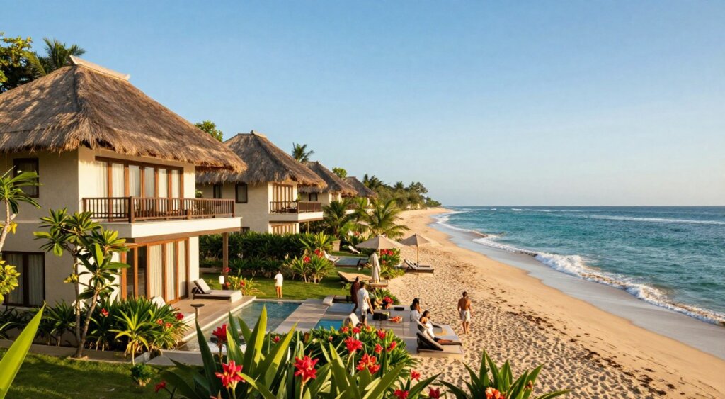 A serene scene of luxurious beachfront villas in Sanur, Bali, showcasing a row of elegant, modern villas with thatched roofs and expansive balconies. In the foreground, vibrant tropical flowers and lush greenery frame the villas, while people in modest casual clothing enjoy the sun and ocean. The middle ground features a pristine sandy beach with gentle waves lapping at the shore, and a few beach umbrellas providing shade. In the background, the turquoise waters of the Indian Ocean stretch towards a clear blue sky. The lighting is warm and golden, reminiscent of a late afternoon, creating a tranquil and inviting atmosphere. The composition is captured from a slightly elevated angle, emphasizing the beauty of the villas against the natural landscape, evoking a sense of relaxation and luxury. A serene scene of luxurious beachfront villas in Sanur, Bali, showcasing a row of elegant, modern villas with thatched roofs and expansive balconies. In the foreground, vibrant tropical flowers and lush greenery frame the villas, while people in modest casual clothing enjoy the sun and ocean. The middle ground features a pristine sandy beach with gentle waves lapping at the shore, and a few beach umbrellas providing shade. In the background, the turquoise waters of the Indian Ocean stretch towards a clear blue sky. The lighting is warm and golden, reminiscent of a late afternoon, creating a tranquil and inviting atmosphere. The composition is captured from a slightly elevated angle, emphasizing the beauty of the villas against the natural landscape, evoking a sense of relaxation and luxury.