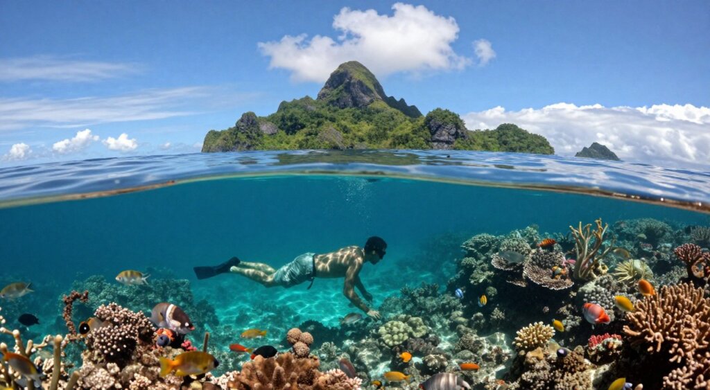 A serene scene of shore diving in Raja Ampat, showcasing vibrant underwater life and clear turquoise waters. In the foreground, a diver in modest, professional casual attire is preparing to enter the water, surrounded by colorful coral reefs and tropical fish. The middle ground features the diver's reflection on the water's surface, with rays of soft sunlight filtering through. In the background, lush green islands rise dramatically from the ocean, under a bright blue sky dotted with fluffy white clouds. The overall mood is tranquil and inviting, capturing the essence of adventure and natural beauty in a remote paradise. The image is shot with a wide-angle lens to encompass the expansive beauty of the location, with a slight fish-eye effect to emphasize the underwater life. A serene scene of shore diving in Raja Ampat, showcasing vibrant underwater life and clear turquoise waters. In the foreground, a diver in modest, professional casual attire is preparing to enter the water, surrounded by colorful coral reefs and tropical fish. The middle ground features the diver's reflection on the water's surface, with rays of soft sunlight filtering through. In the background, lush green islands rise dramatically from the ocean, under a bright blue sky dotted with fluffy white clouds. The overall mood is tranquil and inviting, capturing the essence of adventure and natural beauty in a remote paradise. The image is shot with a wide-angle lens to encompass the expansive beauty of the location, with a slight fish-eye effect to emphasize the underwater life.