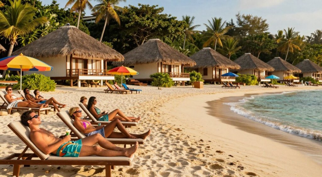 A serene scene of sunbathing on Gili Trawangan beach, featuring luxury villas lining the shoreline. In the foreground, a diverse group of travelers relaxes on comfortable beach loungers, dressed in modest, colorful beachwear, enjoying the sun and a refreshing drink. The middle ground captures the pristine sandy beach with gentle waves lapping at the shore and vibrant beach umbrellas dotting the landscape. In the background, elegant villas with thatched roofs blend seamlessly into the lush greenery. The image is bathed in warm, golden sunlight, highlighting the tranquility of the beach scene. Shot with a warm lens to enhance the idyllic atmosphere, the framing allows for a sweeping view of the beach and villas, creating a sense of relaxation and luxury.
