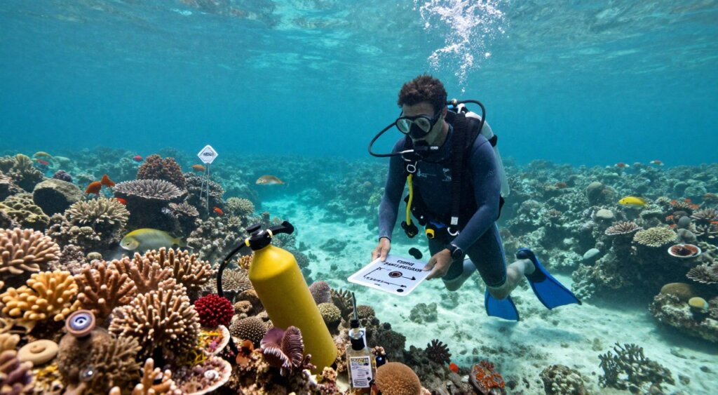 A serene scene on a vibrant coral reef in Raja Ampat, showcasing professional freediving safety guidelines. In the foreground, a skilled freediver in modest, professional diving gear reviews safety equipment, such as a buoy and dive slate. The middle ground features clear turquoise waters, with a few safe markers set around, emphasizing safe diving practices. In the background, colorful reefs teem with marine life under soft, natural sunlight filtering through the water, creating a tranquil atmosphere. The image should be captured from a slightly elevated angle, highlighting the diver and the safety tools while maintaining a focus on the beautiful underwater environment. The mood reflects professionalism, education, and the beauty of nature, suitable for a safety guidelines section in an article. A serene scene on a vibrant coral reef in Raja Ampat, showcasing professional freediving safety guidelines. In the foreground, a skilled freediver in modest, professional diving gear reviews safety equipment, such as a buoy and dive slate. The middle ground features clear turquoise waters, with a few safe markers set around, emphasizing safe diving practices. In the background, colorful reefs teem with marine life under soft, natural sunlight filtering through the water, creating a tranquil atmosphere. The image should be captured from a slightly elevated angle, highlighting the diver and the safety tools while maintaining a focus on the beautiful underwater environment. The mood reflects professionalism, education, and the beauty of nature, suitable for a safety guidelines section in an article.