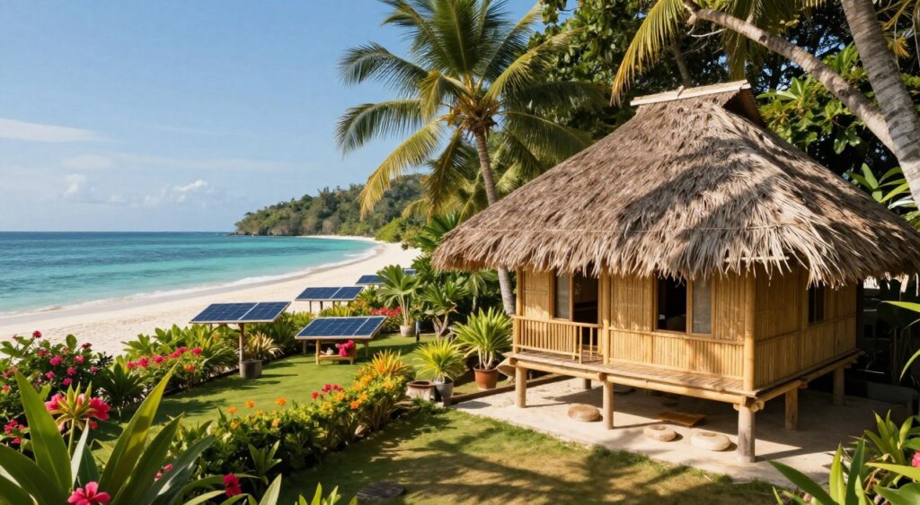 A serene scene showcasing eco-friendly accommodation on the Gili Islands. In the foreground, a charming bamboo bungalow with a thatched roof, surrounded by lush tropical greenery and vibrant flowers. The midground features a well-kept garden with solar panels and natural materials, emphasizing sustainability. In the background, the crystal-clear waters of the ocean, gently lapping against a white sandy beach under a clear blue sky, hint at a tranquil paradise. Soft, warm sunlight filters through the trees, casting dappled shadows on the ground, creating a peaceful, inviting atmosphere. The composition should evoke a sense of harmony with nature, captured from a slightly elevated angle to include both the accommodation and surrounding landscape, reminiscent of high-quality photojournalism.