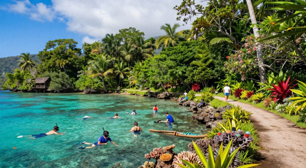 A serene scene showcasing snorkelling and beautifully maintained nature trails near Yenros Homestay. In the foreground, a diverse group of adults in modest casual clothing, enjoying snorkelling in clear, turquoise waters, surrounded by vibrant coral reefs teeming with colorful fish. The middle ground features well-defined, winding nature trails, framed by lush tropical greenery and flowering plants, inviting exploration. In the background, hint at distant hills or mountains under a bright blue sky, with soft, gentle clouds. Soft, natural lighting enhances the vivid colors of the landscape and creates a tranquil atmosphere. Use a wide-angle lens perspective to capture the expansive beauty and harmonious blend of adventure and nature.
