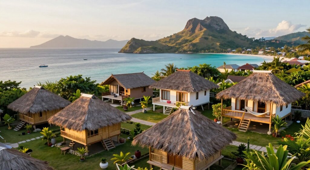 A serene scene showcasing various accommodation options in Lombok, specifically tailored for Komodo visitors. In the foreground, depict traditional bamboo bungalows with thatched roofs, nestled among lush tropical gardens. In the middle ground, include bright, inviting villas with modern amenities, featuring large windows and open terraces with hammocks. The background should extend to a scenic view of the pristine coastline and turquoise waters of Lombok, dotted with small boats gently bobbing on the waves. The lighting is soft, resembling the golden hour just before sunset, creating a warm and inviting atmosphere. Capture this from a slightly elevated angle to emphasize the beautiful layout of the accommodations against the stunning natural backdrop. This image should evoke a sense of tranquility and adventure, ideal for travel enthusiasts.