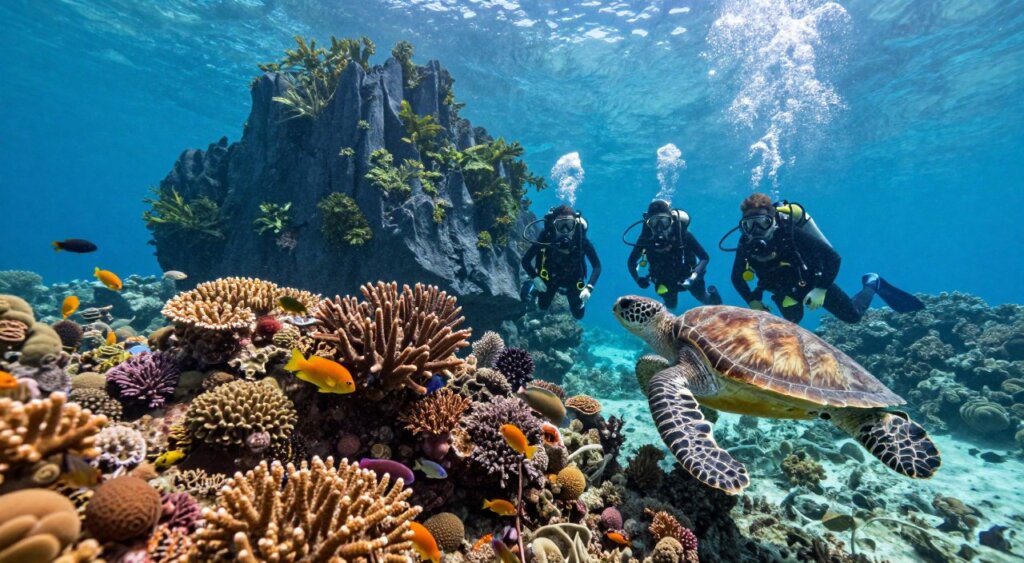 A serene scuba diving scene in Raja Ampat, showcasing vibrant coral reefs teeming with diverse marine life, including colorful fish and graceful sea turtles. In the foreground, a group of three divers in professional diving gear, displaying a sense of awe and wonder as they explore the underwater paradise. The middle ground should capture a beautifully detailed coral formation, illuminated by soft, dappled sunlight filtering through the clear blue water. In the background, magnificent limestone islands rise above the surface, partially shrouded in lush green foliage, creating a sense of depth and tranquility. The image should have a warm, inviting atmosphere, with vivid colors and high clarity, resembling a National Geographic photojournalism style, evoking the excitement and beauty of diving in Raja Ampat.