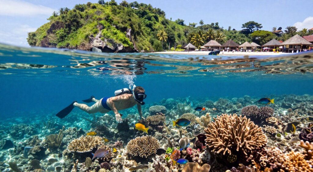 A serene snorkeling scene in Amed, Bali, showcasing vibrant underwater life. In the foreground, a pair of snorkelers in modest swim gear explores the coral reef, surrounded by colorful fish and marine life. The middle layer features clear blue water with sun rays penetrating through, illuminating the coral formations below. In the background, lush green hills rise sharply alongside the coastline, dotted with traditional Balinese huts. Bright sunlight creates a warm, inviting atmosphere, enhancing the clarity of the water. The angle captures a slightly elevated view, giving a sense of depth and a breathtaking underwater panorama. The image should convey a sense of tranquility and adventure, reflecting the pristine conditions ideal for snorkeling in Amed.