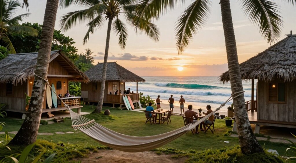 A serene surf accommodation in Lombok, featuring rustic wooden chalets surrounded by lush tropical greenery. In the foreground, a comfortable hammock sways gently between two palm trees. The middle ground showcases a cozy communal area with surfers discussing the day’s waves, a communal kitchen with surfboards propped against its walls, and tables for socializing. In the background, the sun sets over the ocean, casting a warm golden glow, highlighting the turquoise water and gentle waves. The scene is drenched in soft, natural lighting, evoking a relaxed atmosphere. The image is captured in a cinematic wide-angle lens, emphasizing the picturesque harmony between nature and surf culture, perfect for illustrating the facilities of a surf camp in Lombok.
