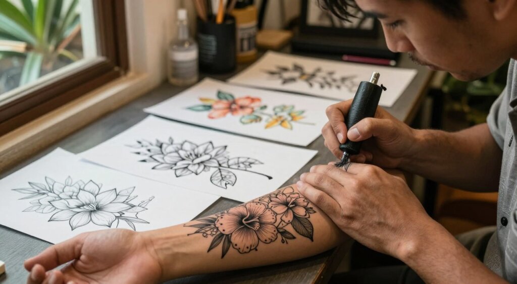 A serene tattoo design inspiration scene showcasing intricate floral patterns typical of Seminyak tattoos. In the foreground, a close-up view of a tattoo artist's hand in modest attire, carefully etching elegant lotus and hibiscus designs onto a client's arm, adorned with muted, natural skin tones. The middle ground features an array of artful tattoo sketches displayed on a table, highlighting various floral motifs in fine lines and soft colors. The background is a tranquil tattoo studio with warm, ambient lighting, creating a calming atmosphere, accented by tropical plant life peeking through windows. The angle is slightly elevated, providing a comprehensive view of the artistic process, evoking creativity and cultural significance.