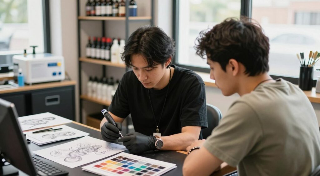 A serene tattoo studio environment, featuring a professional tattoo artist in business attire, attentively discussing tattoo designs with a patient client, who is dressed in modest casual clothing. In the foreground, there are tattoo consultation materials, including design sketches and ink color palettes, neatly arranged on a table. The artist is leaning slightly forward, demonstrating engagement and professionalism. In the middle background, shelves lined with tattoo supplies and sterilization equipment signify a clean and organized workspace. Soft, natural light filters through large windows, creating a calm ambiance. The angle is slightly elevated, showcasing both the artist and client in a respectful, informative exchange. The atmosphere is welcoming and focused, reflecting the importance of preparation and aftercare in the tattooing process.