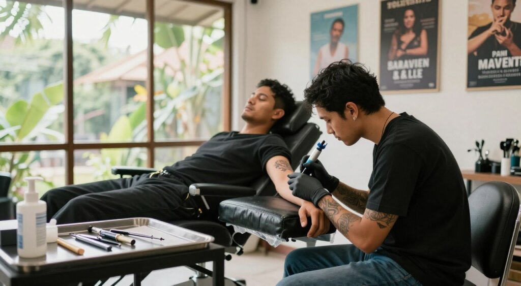A serene tattoo studio in Canggu, with soft, natural lighting filtering through large windows. In the foreground, a professional tattoo artist, dressed in a simple black t-shirt and jeans, is applying a tattoo to a client’s arm, who appears relaxed and focused, sitting comfortably in a modern tattoo chair. The middle layer features close-up elements like a tray of sterile tattoo instruments and soothing ointments, reflecting an organized and clean environment. In the background, motivational posters about pain management and relaxation techniques adorn the walls, enhancing the peaceful atmosphere. The image captures a sense of calm and professionalism, emphasizing the importance of pain management in the tattooing process, evoking a feeling of trust and care.