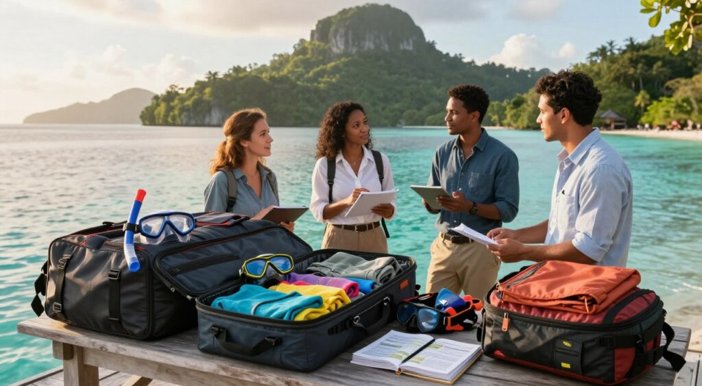 A serene travel scene highlighting affordable shipping and packing tips for a Raja Ampat adventure. In the foreground, neatly packed travel bags with essential gear like snorkeling equipment, lightweight clothing, and travel guides sit on a wooden table. The middle ground features a diverse group of three travelers of various ethnicities discussing their packing strategies, casually dressed in professional attire. In the background, a beautiful landscape of Raja Ampat's turquoise waters and lush islands is visible under soft, golden morning light. The composition conveys a sense of excitement and preparation, evoking a spirit of adventure in a vibrant, tropical atmosphere. The photo should have a natural and inviting feel, reminiscent of National Geographic's impactful storytelling.
