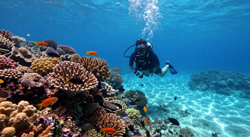 A serene underwater scene capturing the rich biodiversity of Raja Ampat during its prime diving season. In the foreground, vibrant coral reefs teeming with colorful fish create a lively atmosphere. In the middle, a skilled diver in modest diving gear explores the underwater landscape, gracefully interacting with the marine life. The background showcases the crystal-clear blue waters and sunlight filtering through the surface, casting dappled patterns on the seafloor. The setting reflects tranquility and adventure, with soft, natural lighting enhancing the vivid colors of the coral and fish. The image should convey a sense of wonder and appreciation for the underwater world, emphasizing Raja Ampat as a top diving destination.