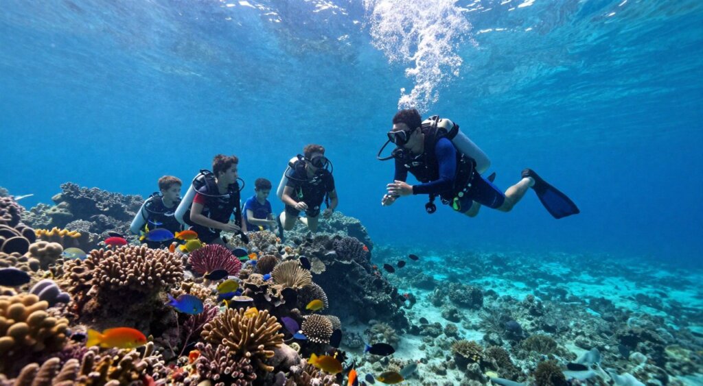 A serene underwater scene depicting a freediving instructor guiding a small group of divers in Raja Ampat. In the foreground, the instructor, wearing a wetsuit and dive gear, is demonstrating proper breathing techniques, surrounded by attentive students in modest swim attire. In the middle ground, vibrant coral reefs and schools of tropical fish create a lively underwater atmosphere. The background features sun rays penetrating the crystal-clear water, illuminating the ocean blues and showcasing the stunning biodiversity of Raja Ampat. The image should have a vibrant and peaceful feel, reminiscent of National Geographic photography, with balanced natural lighting and a slightly wide-angle perspective to capture the beauty of this underwater environment. A serene underwater scene depicting a freediving instructor guiding a small group of divers in Raja Ampat. In the foreground, the instructor, wearing a wetsuit and dive gear, is demonstrating proper breathing techniques, surrounded by attentive students in modest swim attire. In the middle ground, vibrant coral reefs and schools of tropical fish create a lively underwater atmosphere. The background features sun rays penetrating the crystal-clear water, illuminating the ocean blues and showcasing the stunning biodiversity of Raja Ampat. The image should have a vibrant and peaceful feel, reminiscent of National Geographic photography, with balanced natural lighting and a slightly wide-angle perspective to capture the beauty of this underwater environment.