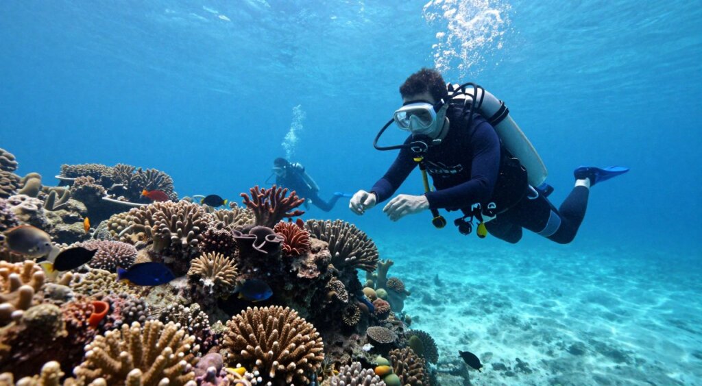A serene underwater scene in Raja Ampat, showcasing a diver in professional diving gear exploring a vibrant coral reef. In the foreground, a diver is carefully checking their equipment, emphasizing safety before entering the water. The middle ground features a stunning assortment of colorful corals and tropical fish, creating an inviting yet cautious atmosphere. In the background, silhouettes of other divers can be seen maintaining distance, highlighting the importance of safety protocols. The lighting is bright and clear, typical of tropical waters, with sunlight filtering through the surface, casting soft patterns on the ocean floor. The mood is calm and focused, inspiring a sense of responsibility and care for the marine environment. A serene underwater scene in Raja Ampat, showcasing a diver in professional diving gear exploring a vibrant coral reef. In the foreground, a diver is carefully checking their equipment, emphasizing safety before entering the water. The middle ground features a stunning assortment of colorful corals and tropical fish, creating an inviting yet cautious atmosphere. In the background, silhouettes of other divers can be seen maintaining distance, highlighting the importance of safety protocols. The lighting is bright and clear, typical of tropical waters, with sunlight filtering through the surface, casting soft patterns on the ocean floor. The mood is calm and focused, inspiring a sense of responsibility and care for the marine environment.