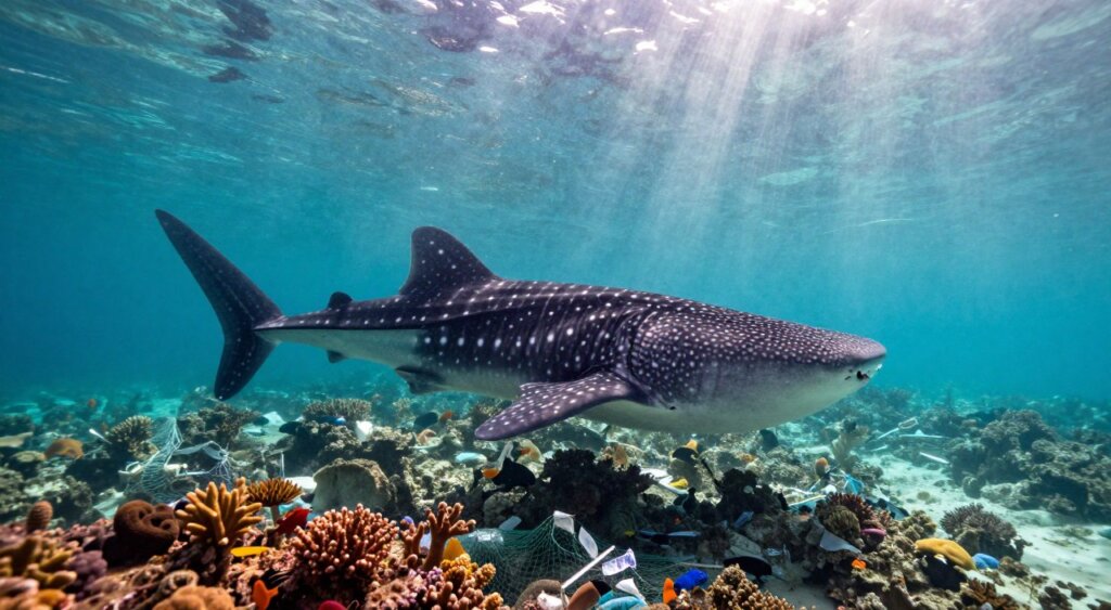 A serene underwater scene showcasing a majestic whale shark gliding gracefully through the turquoise waters of Indonesia. In the foreground, the whale shark, adorned with unique patterns, swims near a vibrant coral reef, showcasing colorful marine life surrounding it. The middle ground features a contrasting view of plastic debris and fishing nets entangling parts of the reef, highlighting the environmental threats faced by these gentle giants. In the background, sunbeams filter through the water's surface, creating a calm yet somber atmosphere, evoking a sense of urgency about conservation. The lighting is bright and clear, with a focus on natural colors that accentuate the beauty and fragility of the marine ecosystem. Capture this scene using a wide-angle lens to emphasize depth and detail, embodying the impactful storytelling style of professional photojournalism.