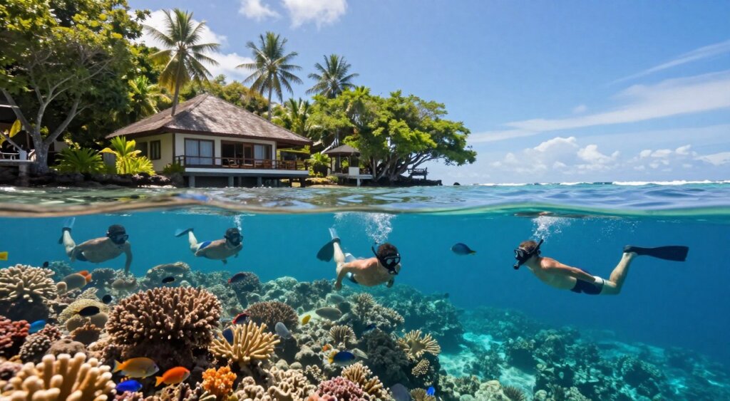 A serene underwater scene showcasing snorkeling and diving activities near an Amed Bali villa. In the foreground, a diverse group of people, dressed in modest snorkeling gear, gracefully swim above vibrant coral reefs filled with colorful fish, capturing the essence of marine life. The mid-ground reveals the villa’s elegant architecture nestled among lush tropical greenery, with soft sunlight filtering through the trees and glinting off the water’s surface. In the background, the azure waters stretch to meet a horizon with gentle waves under a clear blue sky. The atmosphere is tranquil and inviting, conveying a paradise experience perfect for relaxation and adventure. The image should embody high-resolution clarity, utilizing natural lighting to enhance the vivid colors of the scene, evoking a sense of wonder and exploration.