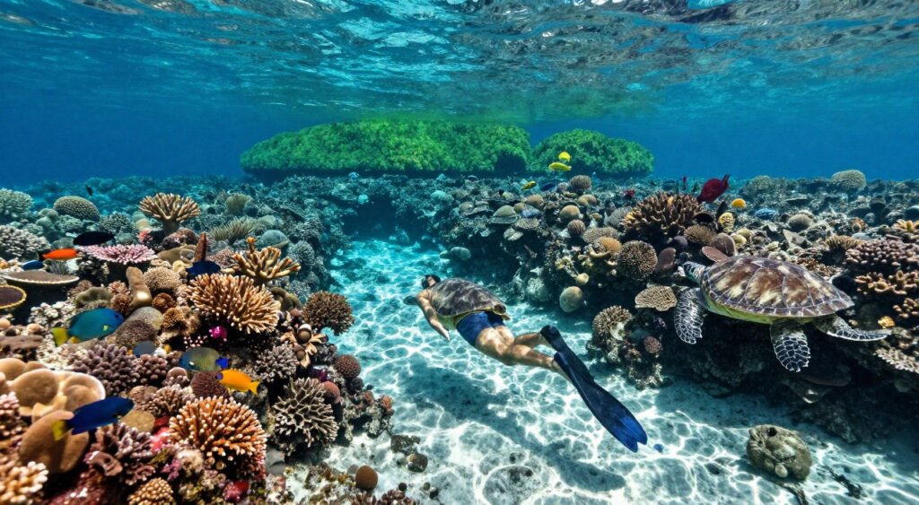 A serene underwater scene showcasing the vibrant coral reefs of Raja Ampat, teeming with colorful marine life such as tropical fish, sea turtles, and pristine coral formations. In the foreground, a skilled freediver in professional, modest diving attire gracefully explores the underwater landscape, capturing the essence of freedom and adventure. Bright, dappled sunlight filters through the crystal-clear water above, creating a magical play of light and shadow across the ocean floor. The middle ground transitions into a stunning coral garden, rich in detail and color, leading the eye to the vivid backdrop of lush, green islands dotting the horizon. The atmosphere is tranquil yet exhilarating, embodying the beauty and excitement of one of the best freediving locations in the world, framed in a wide-angle view reminiscent of high-quality photojournalism.