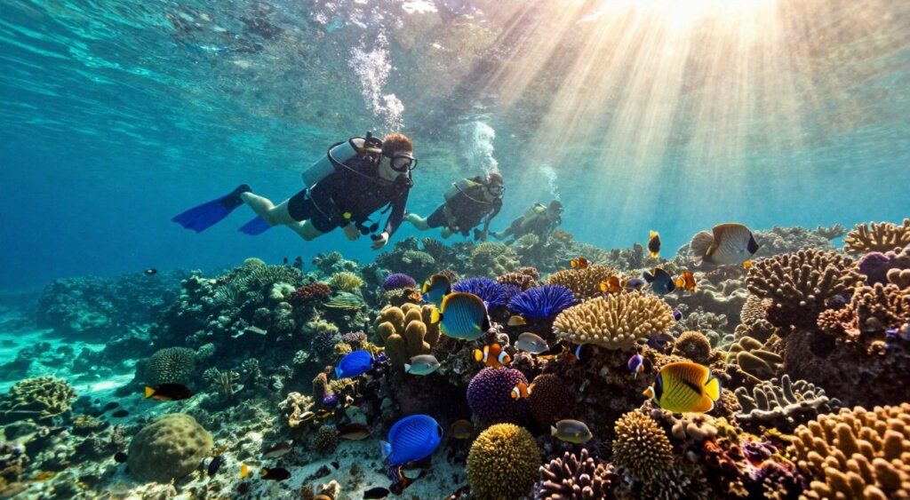A serene underwater scene showcasing the vibrant marine life of Raja Ampat, ideal for freediving enthusiasts. In the foreground, a group of divers in modest wetsuits are exploring a colorful coral reef filled with various fish species, such as butterflyfish and clownfish. The middle ground features a stunning array of corals in shades of blue, purple, and yellow, with sunlight filtering down from the surface, creating ethereal rays that dance through the water. The background captures the rich biodiversity of Raja Ampat, with lush green islands visible through clear turquoise waters, conveying a sense of tranquility and adventure. The image should embody a warm and inviting atmosphere, reminiscent of the best seasonal conditions for freediving, with sunlight enhancing the vibrant colors of the underwater world. A serene underwater scene showcasing the vibrant marine life of Raja Ampat, ideal for freediving enthusiasts. In the foreground, a group of divers in modest wetsuits are exploring a colorful coral reef filled with various fish species, such as butterflyfish and clownfish. The middle ground features a stunning array of corals in shades of blue, purple, and yellow, with sunlight filtering down from the surface, creating ethereal rays that dance through the water. The background captures the rich biodiversity of Raja Ampat, with lush green islands visible through clear turquoise waters, conveying a sense of tranquility and adventure. The image should embody a warm and inviting atmosphere, reminiscent of the best seasonal conditions for freediving, with sunlight enhancing the vibrant colors of the underwater world.