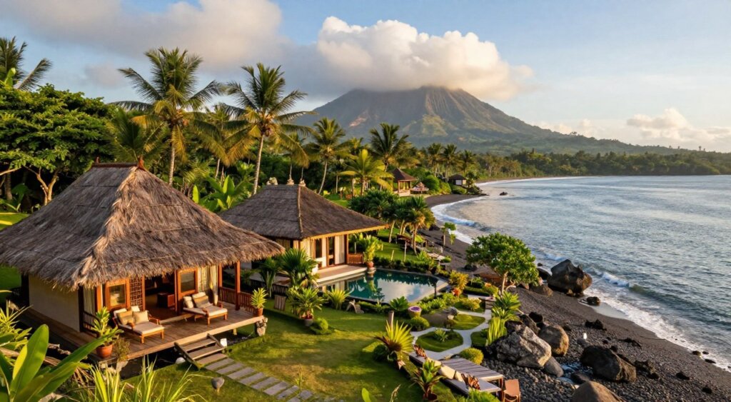 A serene view of Amed, Bali showcasing diverse accommodation options nestled between lush green hills and the sparkling ocean. In the foreground, a charming beachfront bungalow made of natural materials, with a wooden deck and outdoor seating, welcoming guests with its inviting atmosphere. The middle ground features a traditional Balinese villa surrounded by tropical gardens, palm trees swaying gently in the breeze, and a small, clear pool reflecting the sky. In the background, dramatic volcanic mountains rise, partially covered by fluffy white clouds. The scene is bathed in warm, golden sunlight, creating a tranquil and inviting ambiance. Use a wide-angle lens to capture the beauty of the landscape, emphasizing the harmony between nature and hospitality in this idyllic setting.