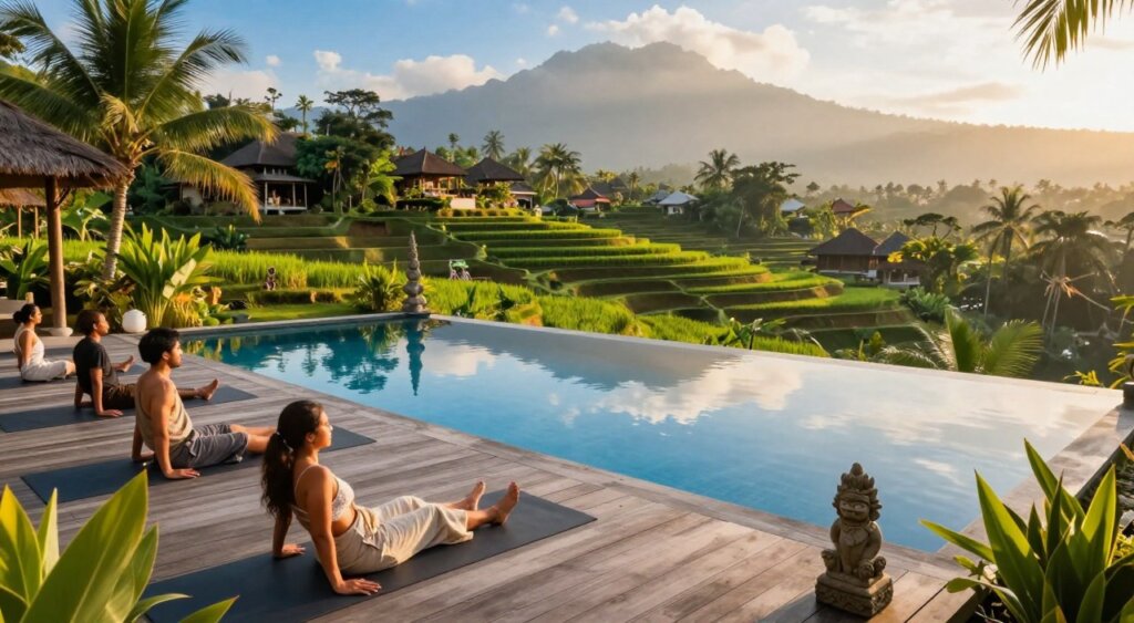 A serene view of Amed Village in Bali, depicting wellness and relaxation. In the foreground, a peaceful yoga scene with individuals in modest, casual clothing practicing on a wooden deck, surrounded by lush tropical greenery. The middle ground features a tranquil infinity pool, reflecting the vibrant blue sky, and traditional Balinese sculptures enhancing the calming atmosphere. In the background, gentle rice terraces dot the hillside, transitioning to soft, misty mountains, under a warm golden sunlight. The scene captures the essence of relaxation with soft, diffused lighting creating a soothing ambiance. Angle the shot for a slightly elevated perspective to encompass the natural beauty and serenity of the environment, reminiscent of National Geographic's photojournalism style. A serene view of Amed Village in Bali, depicting wellness and relaxation. In the foreground, a peaceful yoga scene with individuals in modest, casual clothing practicing on a wooden deck, surrounded by lush tropical greenery. The middle ground features a tranquil infinity pool, reflecting the vibrant blue sky, and traditional Balinese sculptures enhancing the calming atmosphere. In the background, gentle rice terraces dot the hillside, transitioning to soft, misty mountains, under a warm golden sunlight. The scene captures the essence of relaxation with soft, diffused lighting creating a soothing ambiance. Angle the shot for a slightly elevated perspective to encompass the natural beauty and serenity of the environment, reminiscent of National Geographic's photojournalism style.