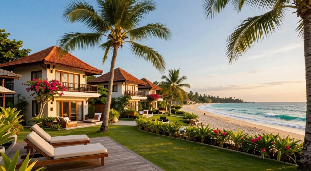 A serene view of Sanur Beach, showcasing luxurious villas nestled among lush tropical gardens. In the foreground, elegant wooden decking with lounge chairs invites relaxation, under softly swaying palm trees. The middle ground highlights a row of beautifully designed villas, featuring traditional Balinese architecture with terracotta roofs and large balconies, framed by vibrant bougainvillea. In the background, the glistening turquoise waters of the Bali coast contrast with the clear blue sky, painted with warm tones of sunset. The scene is illuminated by the golden hour's warm, soft lighting, creating an inviting and tranquil atmosphere. Photographed from a slightly elevated angle, the image captures the welcoming essence of booking a stay at these exquisite beach villas, ideal for relaxation and rejuvenation. A serene view of Sanur Beach, showcasing luxurious villas nestled among lush tropical gardens. In the foreground, elegant wooden decking with lounge chairs invites relaxation, under softly swaying palm trees. The middle ground highlights a row of beautifully designed villas, featuring traditional Balinese architecture with terracotta roofs and large balconies, framed by vibrant bougainvillea. In the background, the glistening turquoise waters of the Bali coast contrast with the clear blue sky, painted with warm tones of sunset. The scene is illuminated by the golden hour's warm, soft lighting, creating an inviting and tranquil atmosphere. Photographed from a slightly elevated angle, the image captures the welcoming essence of booking a stay at these exquisite beach villas, ideal for relaxation and rejuvenation.