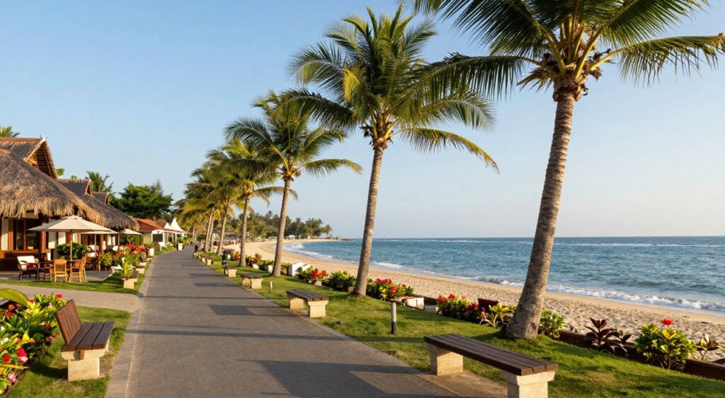 A serene view of Sanur Beach walkway, lined with lush palm trees and charming resorts, just steps from Sanur Port. In the foreground, a smooth, paved pathway meanders along the coastline, dotted with small benches and vibrant tropical flowers. Midway, comfortable resorts with thatched roofs offer outdoor seating areas with umbrellas, inviting visitors to relax. In the background, the azure waters of the Bali sea glisten under a clear blue sky, with gentle waves lapping at the shore. Soft, warm sunlight bathes the scene in a golden hue, creating a tranquil and inviting atmosphere. The angle captures the length of the walkway, drawing the eye toward the distant horizon where the sea meets the sky, evoking a sense of peace and relaxation.