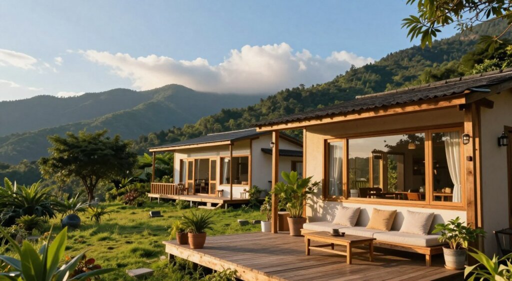 A serene view of Yenros Homestay, nestled in lush greenery and surrounded by tranquil mountains. In the foreground, a cozy wooden porch with comfortable seating invites relaxation, adorned with potted plants and soft cushions. The middle ground reveals the charming homestay structure, featuring large windows that reflect the warm sunlight, inviting a sense of comfort. In the background, verdant hills stretch under a clear blue sky, with soft clouds drifting lazily. The scene is bathed in golden hour light, casting gently diffused shadows that enhance the peaceful atmosphere. Shot with a 50mm lens from a low angle to encapsulate the beauty of nature and architecture, creating a calming, inviting ambiance perfect for a retreat.