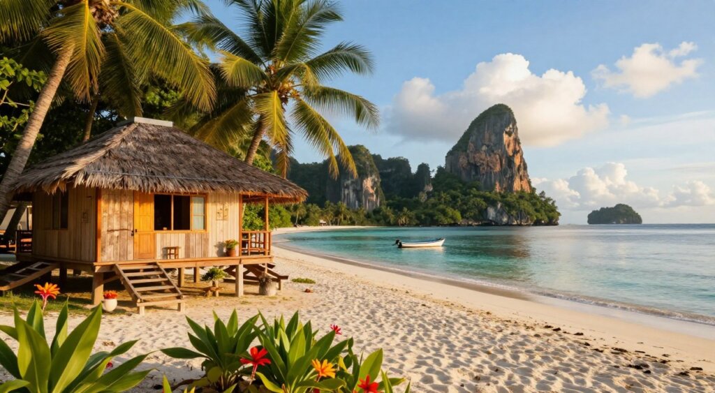 A serene view of a Raja Ampat homestay during the peak travel season. In the foreground, a cozy bungalow made of local materials is nestled among lush green palms and vibrant tropical flowers, inviting travelers to relax. In the middle ground, a tranquil beach with soft white sand extends towards the gentle turquoise waters, where small boats bob softly. The background features striking limestone cliffs and clear blue skies dotted with fluffy white clouds, creating a picturesque seascape. The time of day is late afternoon, with warm golden sunlight casting a soft glow over the scene, enhancing the peaceful and inviting atmosphere. The image conveys a mood of tranquility and adventure, ideal for inspiring travelers to explore this beautiful destination in its best season.