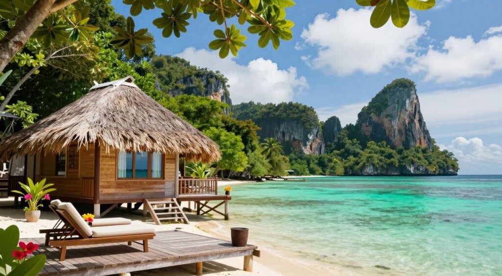 A serene view of a Raja Ampat homestay, nestled among lush tropical greenery and overlooking crystal-clear turquoise waters. In the foreground, a wooden deck connects the homestay to the beach, adorned with comfortable lounge chairs and vibrant flowers. The middle ground features a cozy, traditional style homestay made from local materials, complete with a thatched roof and large windows reflecting the scenery. In the background, dramatic limestone cliffs rise above the horizon against a bright blue sky dotted with fluffy white clouds. Soft sunlight bathes the scene, creating a warm and inviting atmosphere. The image captures a moment of tranquility, illustrating the perfect spot for relaxation and immersion in nature. No people are present, emphasizing solitude and serenity.