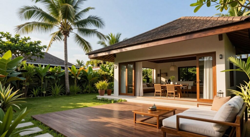 A serene view of a charming Canggu rental property, showcasing a modern, stylish villa surrounded by lush tropical gardens. In the foreground, a well-maintained wooden deck with comfortable seating invites relaxation. The middle ground features the villa's open-plan living area with large windows, allowing natural light to flood in, and a tasteful dining setup. In the background, palm trees sway gently in the breeze against a clear blue sky, creating a peaceful atmosphere. The scene is bathed in warm sunlight, enhancing the inviting ambiance of the space. The image captures the essence of finding the ideal long-term rental, embodying comfort and tranquility in a picturesque environment.