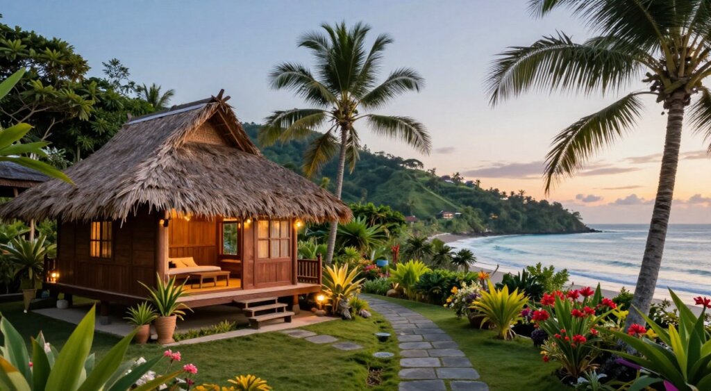 A serene view of a cozy accommodation in Amed Village, Bali, showcasing traditional Balinese design. In the foreground, a charming wooden bungalow with a thatched roof, illuminated by soft, warm light as the sun sets. Lush tropical plants and vibrant flowers surround the bungalow, enhancing the natural beauty. In the middle ground, a tranquil path lined with stones leads to the bungalow, inviting and well-maintained. In the background, majestic green hills and the sparkling blue sea create a picturesque backdrop, filled with palm trees swaying gently in the breeze. The atmosphere is peaceful and inviting, evoking a sense of relaxation and harmony with nature. Use a wide-angle perspective to capture the full beauty of the scene, ensuring clarity and detail in every element. A serene view of a cozy accommodation in Amed Village, Bali, showcasing traditional Balinese design. In the foreground, a charming wooden bungalow with a thatched roof, illuminated by soft, warm light as the sun sets. Lush tropical plants and vibrant flowers surround the bungalow, enhancing the natural beauty. In the middle ground, a tranquil path lined with stones leads to the bungalow, inviting and well-maintained. In the background, majestic green hills and the sparkling blue sea create a picturesque backdrop, filled with palm trees swaying gently in the breeze. The atmosphere is peaceful and inviting, evoking a sense of relaxation and harmony with nature. Use a wide-angle perspective to capture the full beauty of the scene, ensuring clarity and detail in every element.