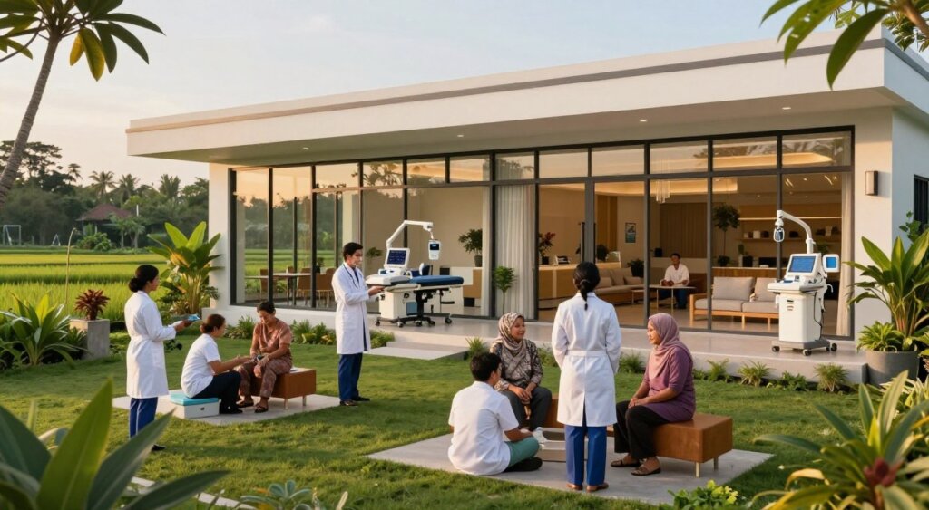 A serene view of a modern health and medical facility in Canggu, Bali, set during the golden hour, showcasing a bright, inviting exterior with large glass windows reflecting the warm sunlight. In the foreground, a diverse group of people in professional attire—doctors and nurses—interact with patients in a lush garden setting, emphasizing a caring and community-oriented atmosphere. The middle ground features advanced medical equipment and waiting areas with comfortable seating, accented by tropical plants. In the background, distant rice paddies can be seen, highlighting Canggu's unique environment. The image should convey a sense of wellbeing and professionalism, captured with a wide-angle lens to create depth, and soft, natural lighting to enhance the inviting mood.