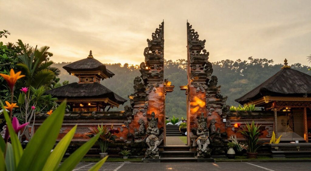 A serene view of a traditional Balinese temple in Seminyak, surrounded by lush greenery and vibrant tropical flowers, bathed in the warm glow of a golden sunset. In the foreground, intricately carved stone statues depicting deities guard the entrance, with soft shadows highlighting their details. The middle ground showcases the temple structure with its tiered roofs and ornate decorations, reflecting the unique Balinese architectural style. In the background, gentle hills fade into the horizon, creating a tranquil atmosphere. The lighting is soft and ethereal, capturing the spiritual essence of the scene. The overall mood is peaceful and contemplative, inviting viewers to reflect on the cultural significance of these sacred sites. A serene view of a traditional Balinese temple in Seminyak, surrounded by lush greenery and vibrant tropical flowers, bathed in the warm glow of a golden sunset. In the foreground, intricately carved stone statues depicting deities guard the entrance, with soft shadows highlighting their details. The middle ground showcases the temple structure with its tiered roofs and ornate decorations, reflecting the unique Balinese architectural style. In the background, gentle hills fade into the horizon, creating a tranquil atmosphere. The lighting is soft and ethereal, capturing the spiritual essence of the scene. The overall mood is peaceful and contemplative, inviting viewers to reflect on the cultural significance of these sacred sites.