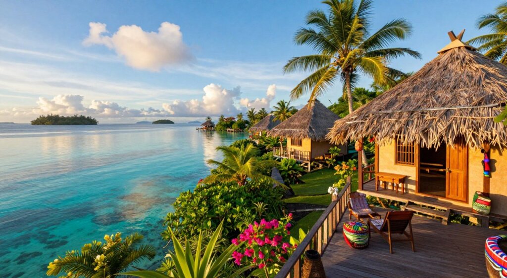 A serene view of a traditional Raja Ampat homestay, nestled among lush tropical greenery and overlooking crystal-clear turquoise waters. In the foreground, a wooden balcony of the homestay showcases rustic furniture and colorful local decorations, inviting relaxation. The middle section features thatched-roof bungalows harmonizing with the environment, surrounded by palm trees and vibrant flowers. In the background, small islands and distant coral reefs can be seen under a bright blue sky filled with soft clouds, reflecting a perfect day in paradise. Golden hour lighting creates a warm and inviting atmosphere, enhancing the vibrant colors of nature. Capture this scene with a wide-angle lens to emphasize the harmonious blend between the homestay and its stunning natural surroundings.