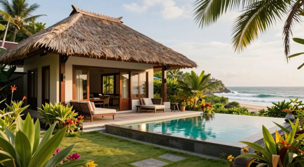 A serene view of an affordable villa in Sanur, Bali, showcasing traditional Balinese architecture with a thatched roof and open-air living spaces. In the foreground, lush green gardens with tropical plants and colorful flowers surround the villa, enhancing its charm. The middle ground features a cozy patio with comfortable seating, ideal for relaxation, set against a backdrop of a sparkling turquoise pool reflecting the sunlight. The background reveals a glimpse of the vibrant Bali coastline and gentle waves. Soft, natural lighting bathes the scene, creating a warm, inviting atmosphere. The composition is captured with a slight tilt, providing a dynamic perspective that emphasizes the beauty of both the villa and its surroundings, epitomizing a tranquil and affordable living experience in Bali. A serene view of an affordable villa in Sanur, Bali, showcasing traditional Balinese architecture with a thatched roof and open-air living spaces. In the foreground, lush green gardens with tropical plants and colorful flowers surround the villa, enhancing its charm. The middle ground features a cozy patio with comfortable seating, ideal for relaxation, set against a backdrop of a sparkling turquoise pool reflecting the sunlight. The background reveals a glimpse of the vibrant Bali coastline and gentle waves. Soft, natural lighting bathes the scene, creating a warm, inviting atmosphere. The composition is captured with a slight tilt, providing a dynamic perspective that emphasizes the beauty of both the villa and its surroundings, epitomizing a tranquil and affordable living experience in Bali.