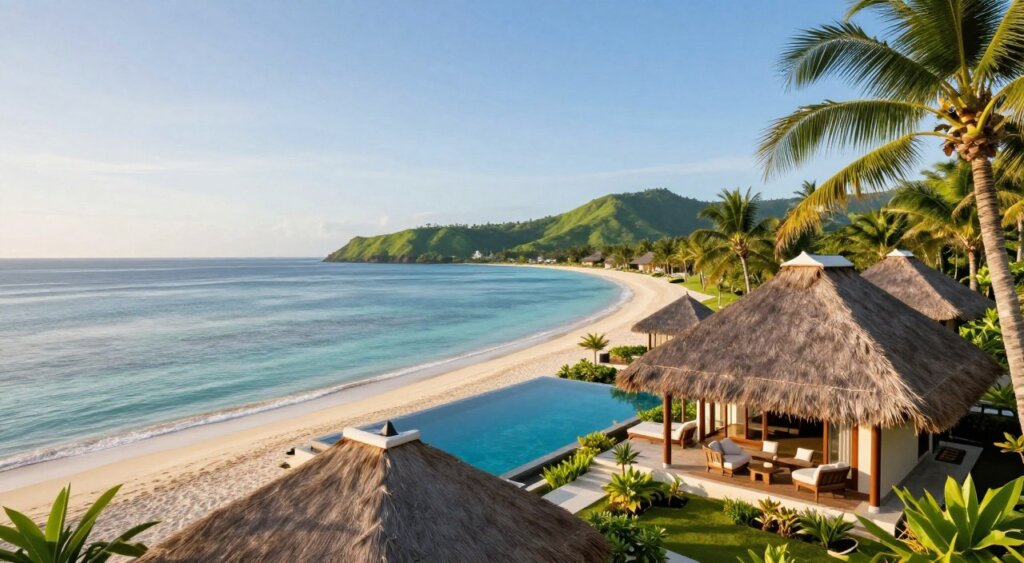 A serene view of luxurious accommodations on Lombok, overlooking the pristine beaches and crystal-clear waters of the Gili Islands. In the foreground, showcase modern villas with thatched roofs, surrounded by swaying palm trees and tropical gardens, with comfortable outdoor seating areas on sun-drenched patios. In the middle ground, capture luxurious infinity pools reflecting the blue sky, creating a seamless blend with the ocean horizon. The background features the vibrant green hills of Lombok, under a clear blue sky illuminated by soft, warm sunlight, evoking a peaceful and inviting atmosphere. Use a wide-angle lens to enhance depth and perspective, focusing on the tranquil luxury of the accommodations while maintaining a professional photojournalism style reminiscent of National Geographic’s stunning imagery.
