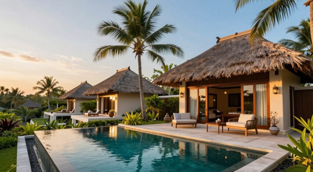 A serene view of luxury villas in Sanur, Bali, showcasing elegant architecture with thatched roofs and wooden accents surrounded by lush tropical gardens. In the foreground, a beautifully landscaped infinity pool sparkles under the soft golden light of the sunset, reflecting vibrant palm trees. The middle ground features an inviting patio adorned with stylish outdoor furniture and delicate Balinese decorations, creating a cozy atmosphere. The background showcases a clear azure sky gradually fading into warm hues, enhancing the tranquil vibe. Capture this scene from a slightly elevated angle, emphasizing the spaciousness and privacy of the villas, evoking a sense of peace and luxury, perfect for a rejuvenating stay in paradise. A serene view of luxury villas in Sanur, Bali, showcasing elegant architecture with thatched roofs and wooden accents surrounded by lush tropical gardens. In the foreground, a beautifully landscaped infinity pool sparkles under the soft golden light of the sunset, reflecting vibrant palm trees. The middle ground features an inviting patio adorned with stylish outdoor furniture and delicate Balinese decorations, creating a cozy atmosphere. The background showcases a clear azure sky gradually fading into warm hues, enhancing the tranquil vibe. Capture this scene from a slightly elevated angle, emphasizing the spaciousness and privacy of the villas, evoking a sense of peace and luxury, perfect for a rejuvenating stay in paradise.