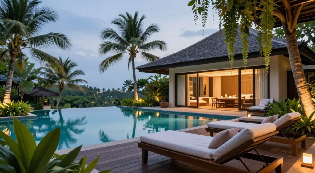 A serene view of the Seminyak Square Hotel and Villas spa, showcasing its elegant architecture surrounded by lush tropical gardens. In the foreground, a tranquil spa area features comfortable lounge chairs on a wooden deck, adorned with soft pillows and cascading plants. The middle ground reveals a beautiful infinity pool reflecting the azure sky, while spa treatment rooms with large, frosted glass windows can be seen, hinting at luxurious interiors. In the background, iconic palm trees sway gently in the breeze, completing the tropical ambiance. Soft, warm lighting enhances the inviting atmosphere, while a shallow depth of field focuses on the spa area, creating a sense of intimacy and wellness. The image captures a relaxing, rejuvenating feel, perfect for showcasing spa and wellness facilities.