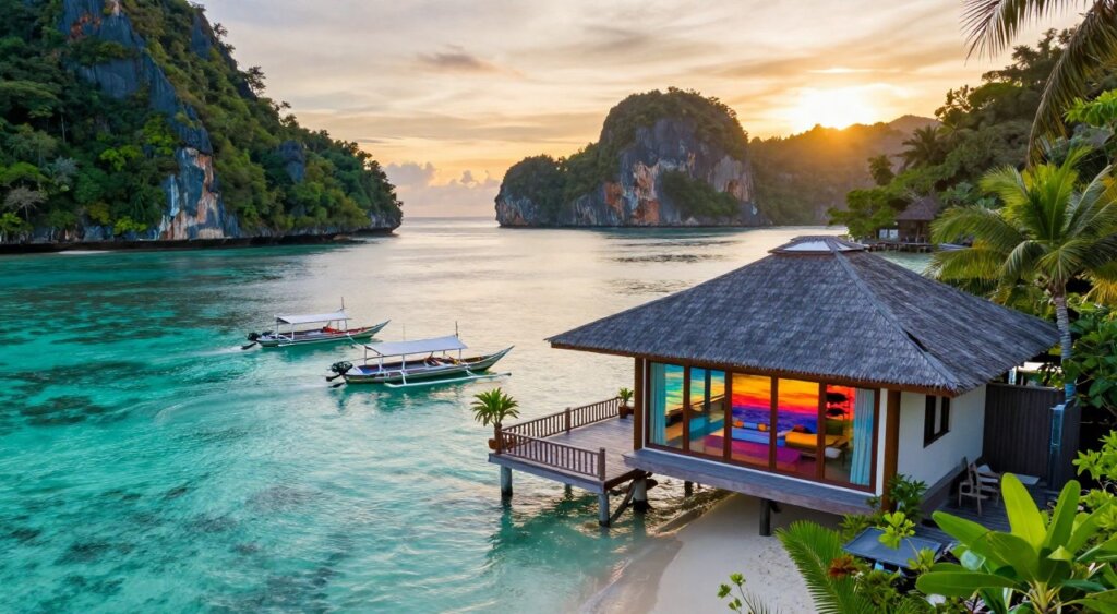 A serene waterfront property in Raja Ampat, set against the breathtaking backdrop of lush green islands and crystal-clear turquoise waters. In the foreground, a beautifully designed villa with large glass windows reflecting the vibrant colors of the landscape, lush tropical gardens surrounding it, and a private deck leading to the serene shoreline. In the middle ground, traditional wooden boats gently bobbing in the calm sea, inviting exploration of the surrounding marine life. The background features dramatic limestone cliffs and dense greenery under a warm, golden sunset, casting a soft glow across the scene. Shot with a wide-angle lens to capture the expansive beauty, the atmosphere is tranquil, evoking a sense of peace and harmony with nature.