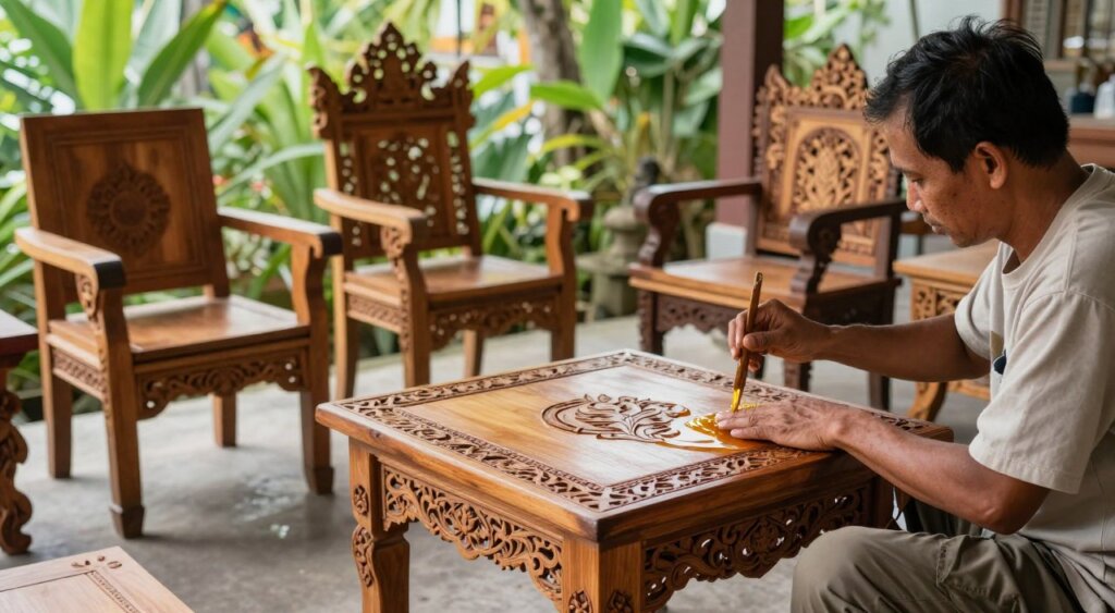 A serene, well-lit outdoor setting showcasing the maintenance of Bali style furniture. In the foreground, a skilled craftsman, dressed in modest casual clothing, gently applying a natural oil finish to a beautifully carved teak table, highlighting intricate Balinese designs. In the middle ground, several types of Bali furniture, including matching chairs and decorative pieces, are arranged neatly, demonstrating their rustic elegance. The background features lush greenery typical of Bali, with soft natural light filtering through the leaves, creating a warm and inviting atmosphere. The image is captured from a slightly elevated angle, ensuring the details of both the furniture and the craftsman’s techniques are visible, evoking a sense of tranquility and dedication to craftsmanship.