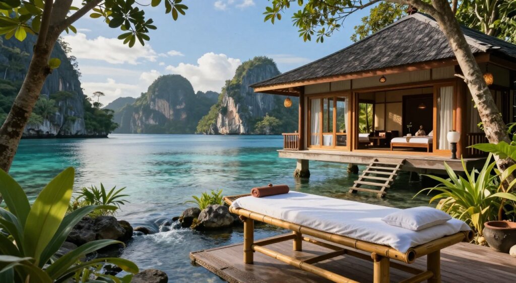 A serene wellness and relaxation spa set in the breathtaking landscape of Raja Ampat. In the foreground, a tranquil outdoor massage area features a bamboo table surrounded by lush tropical greenery and the gentle flow of a small stream. The middle ground showcases a stunning view of crystal-clear blue waters and an elegant wooden structure that serves as a wellness retreat, with large open windows allowing for natural light and a gentle breeze. In the background, dramatic limestone cliffs rise majestically against a bright blue sky. The lighting is soft and warm, reminiscent of golden hour, creating a calming and inviting atmosphere. The scene conveys peace and tranquility, ideal for relaxation and rejuvenation. Professional photography style, capturing intricate details and natural beauty. No humans present.