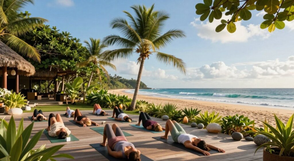 A serene wellness destination at Canggu Beach, featuring a tranquil yoga scene. In the foreground, a diverse group of individuals in modest, casual athletic clothing performs yoga poses on mats, showcasing focus and balance. In the middle ground, lush tropical greenery frames the area, with palm trees gently swaying. Additionally, a wooden deck extends towards the beach, adorned with calming decorations like stones and lush plants. In the background, golden sands meet the azure ocean, under a bright blue sky with soft, white clouds. The lighting is warm and inviting, reflecting a peaceful morning atmosphere. Capture this in a wide-angle shot to evoke a sense of openness and tranquility, reminiscent of a National Geographic photography style.