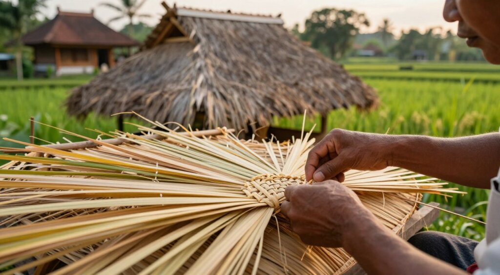 A skilled Balinese artisan using traditional thatching techniques to create a roof from dried palm fronds, captured in a serene outdoor setting. Foreground includes close-up details of the artisan's hands expertly weaving fresh materials, showcasing intricate knots and textures. The middle ground features a partially completed thatched roof, with vibrant greenery surrounding the workspace, emphasizing the natural materials. In the background, a glimpse of a traditional Balinese home and lush rice paddies bathed in soft, golden afternoon light evokes a peaceful atmosphere. The angle is slightly elevated, providing depth and emphasizing the craftsmanship in focus. The mood is tranquil and respectful, highlighting the skill and heritage of Bali's thatching practices.