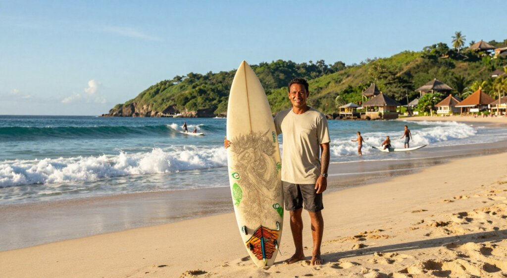 A skilled surf guide stands confidently on a sun-kissed beach in Lombok, showcasing their expertise. In the foreground, the guide is dressed in a modest casual outfit, holding a surfboard with vibrant graphics and a friendly smile. The middle ground features rolling waves, glistening under a bright blue sky, as surfers ride the powerful swells, capturing the thrill of Lombok’s surfing culture. In the background, lush green hills and traditional Balinese huts complete the idyllic scene, under soft golden hour lighting that creates a warm and inviting atmosphere. The image should evoke a sense of adventure and the beauty of nature, with a focus on the excitement of surfing in Lombok.