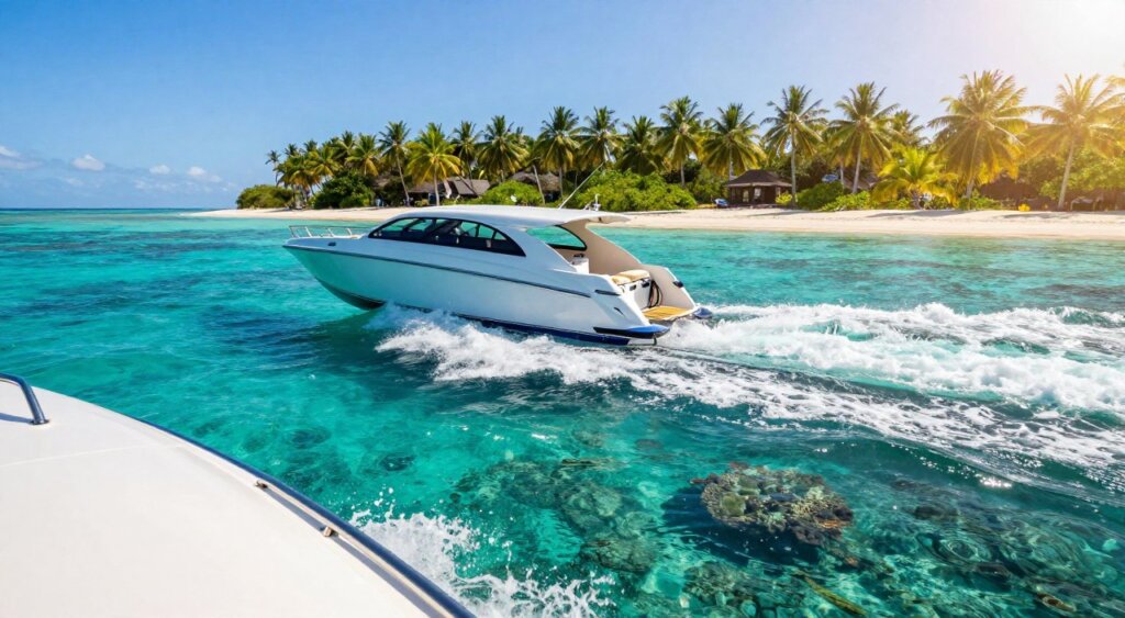 A sleek fast boat navigating through the turquoise waters of the Gili Islands, with vivid coral reefs visible beneath the surface. In the foreground, the boat’s shining hull reflects sunlight, creating sparkling highlights. The middle ground features the boat cutting through waves, leaving a frothy trail. In the background, lush green palm trees and white sandy beaches dot the shoreline of one of the islands, under a clear blue sky. The scene captures the dynamic motion of travel and adventure, evoking a sense of excitement and the beauty of island transportation. The lighting is bright and vibrant, reminiscent of a sunny tropical day, with a slight lens flare enhancing the warmth of the atmosphere.