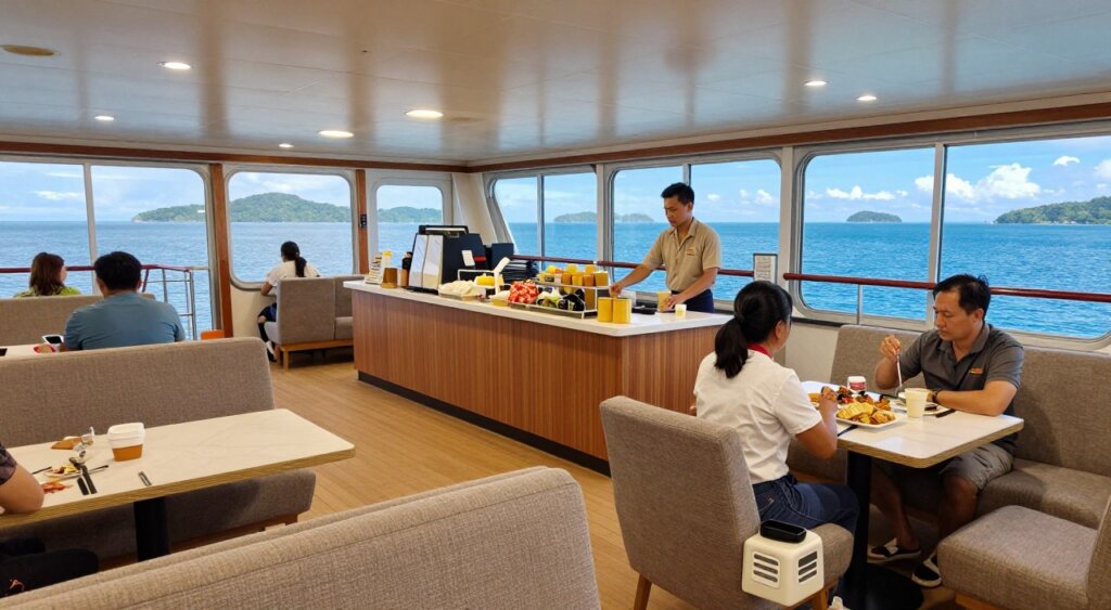 A spacious ferry interior designed for travelers on the Sorong to Raja Ampat route, showcasing onboard amenities. In the foreground, comfortable seating areas with modern furnishings, tables for dining, and charging stations for devices. In the middle, a well-organized café area with a selection of beverages and snacks, professional staff in modest attire serving guests. The background features large windows revealing stunning ocean views, blue skies, and distant islands. The lighting is bright and inviting, creating a warm and friendly atmosphere. The composition captures a sense of adventure and relaxation, appealing to tourists exploring the beautiful Raja Ampat region.