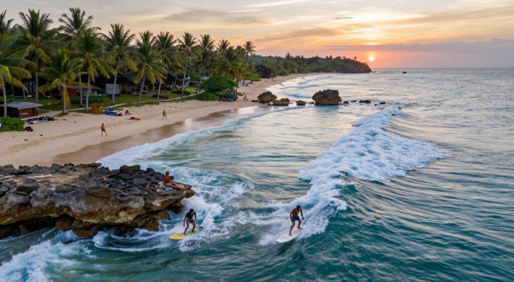 A stunning aerial view of Lombok's breathtaking coastline during peak surf season, showcasing popular surf spots. In the foreground, dynamic waves crashing against rocky outcrops, with surfers skillfully riding the swells, clad in modest swimwear. In the middle ground, vibrant green palm trees line the sandy beach, with surfers resting on the shore or paddling out into the surf. The background features a stunning sunset casting warm hues across the sky, illuminating the ocean in shades of blue and gold. The scene captures the exhilarating atmosphere of a perfect surfing day, with crystal clear waters and distant islands visible. The image should evoke a sense of adventure and tranquility, portrayed in sharp focus, like a National Geographic photograph, using natural lighting for a realistic feel.